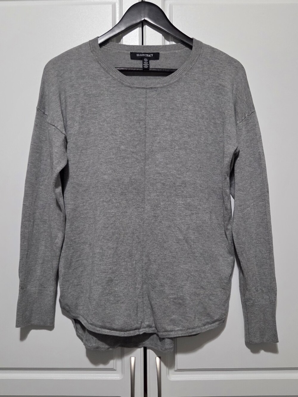 Ellen Tracy Womens Gray U-Hem Tight Knit Crewneck Pullover Sweater Soft Stretchy